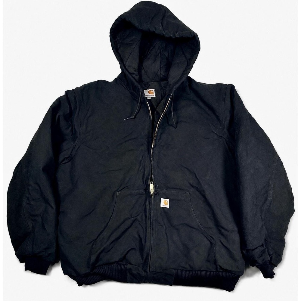 Carhartt Jacket Mens 2XL Black Hooded Quilted Lined Canvas Bomber Workwear USA
